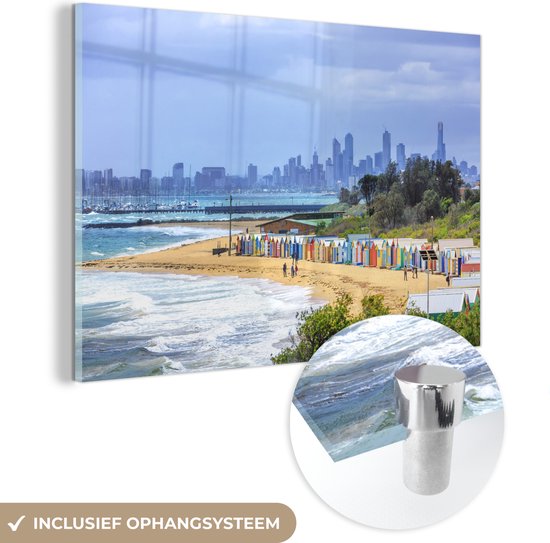 MuchoWow® Glasschilderij 120x80 cm - Schilderij acrylglas - Tropische stranden met op de achtergrond Melbourne - Foto op glas - Schilderijen