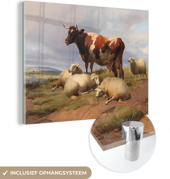 MuchoWow® Glasschilderij 120x90 cm - Schilderij acrylglas - Rundvee en schapen in een weide - Schilderij van Thomas Sidney Cooper - Foto op glas - Schilderijen