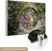 MuchoWow® Glasschilderij 120x80 cm - Schilderij acrylglas - Doorkijk - Bloemen - Hortensia - Zomer - Foto op glas - Schilderijen