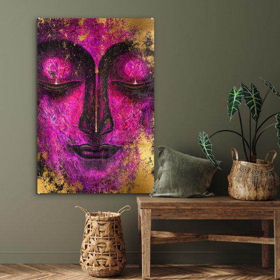 MuchoWow® Peinture sur Verre - Bouddha - Visage - Violet - 80x120 cm - Peintures sur Verre Acrylique - Photo sur Glas