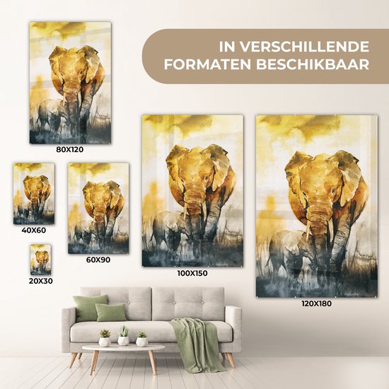 MuchoWow® Peinture sur verre 40x60 cm - Peinture sur verre acrylique - Éléphant - Enfant - Aquarelle - Photo sur verre - Peintures