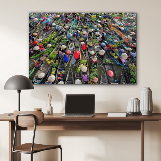 Peinture sur Verre - Marché Flottant en Indonésie - 120x80 cm - Peintures Plexiglas