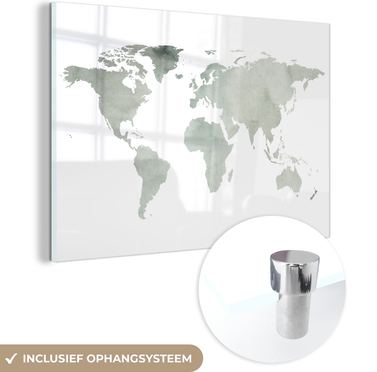 ® Glasschilderij 180x120 cm - Schilderij acrylglas - Wereldkaart - Grijs - Waterverf - Foto op glas - Muurdecoratie woonkamer - Wanddecoratie slaapkamer - Schilderijen