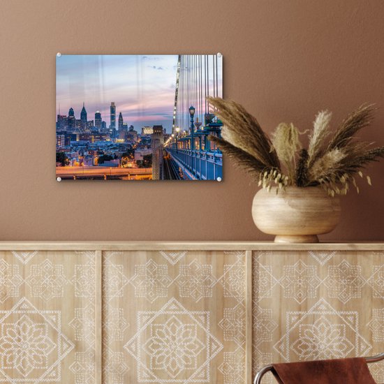 Le coucher de soleil de Philadelphie aux Etats-Unis vu du pont Benjamin Franklin Plexiglas 40x30 cm - petit - Tirage photo sur Glas (décoration murale en plexiglas)