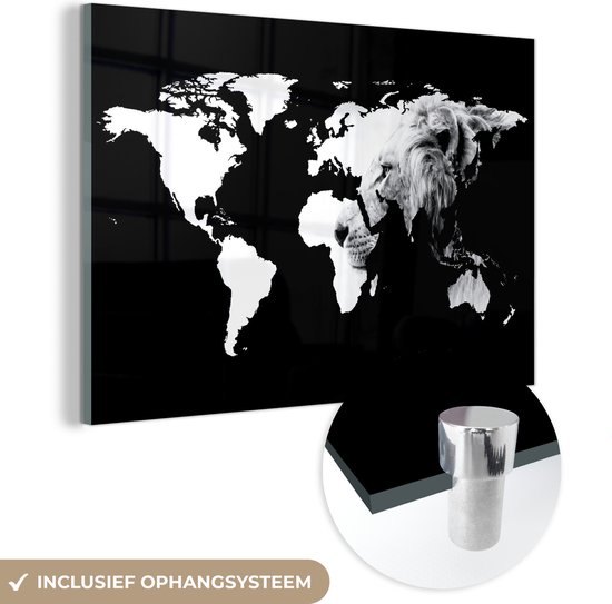 MuchoWow® Glasschilderij 30x20 cm - Schilderij acrylglas - Wereldkaart - Zwart - Wit - Leeuw - Foto op glas - Schilderijen