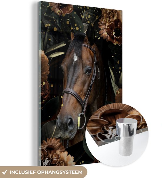 MuchoWow® Peinture sur Verre - Cheval - Plantes - Fleurs - 80x120 cm - Peintures sur Verre Acrylique - Photo sur Glas