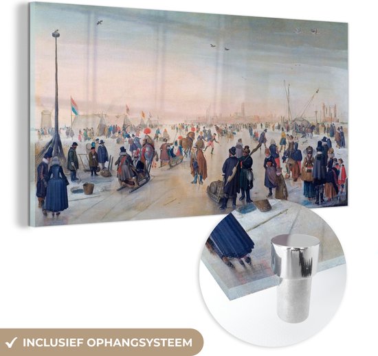 MuchoWow® Glasschilderij 40x20 cm - Schilderij acrylglas - Ijsvermaak bij een stad - schilderij van Hendrick Avercamp - Foto op glas - Schilderijen