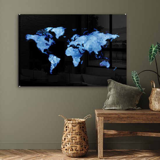 Peinture sur Verre - Carte du Wereldkaart - Aquarelle - Bleu Clair - 90x60 cm - Peintures sur Verre Peintures - Photo sur Glas