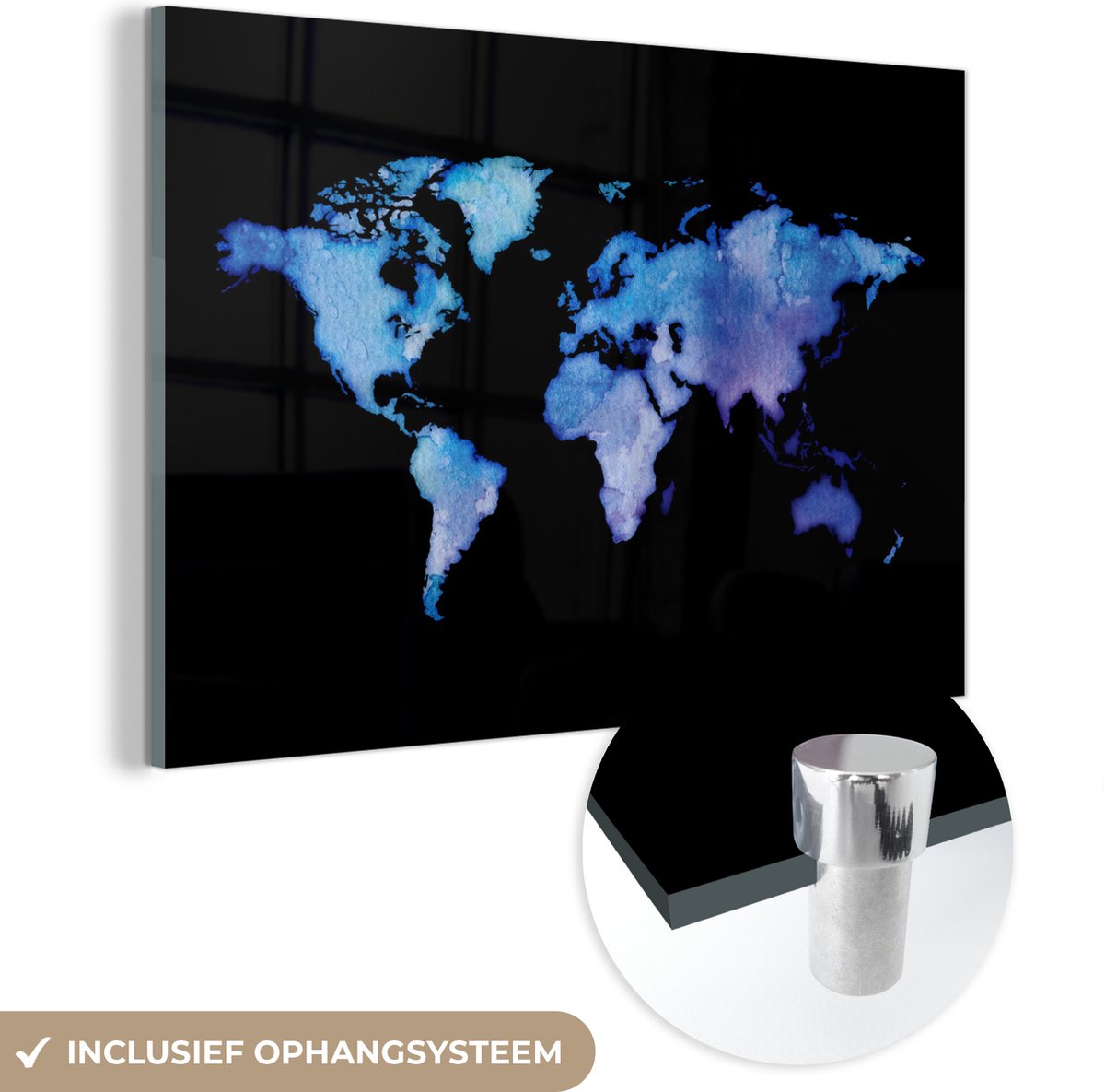 ® Glasschilderij 60x40 cm - Schilderij acrylglas - Wereldkaart - Waterverf - Paars - Foto op glas - Muurdecoratie woonkamer - Wanddecoratie slaapkamer - Schilderijen