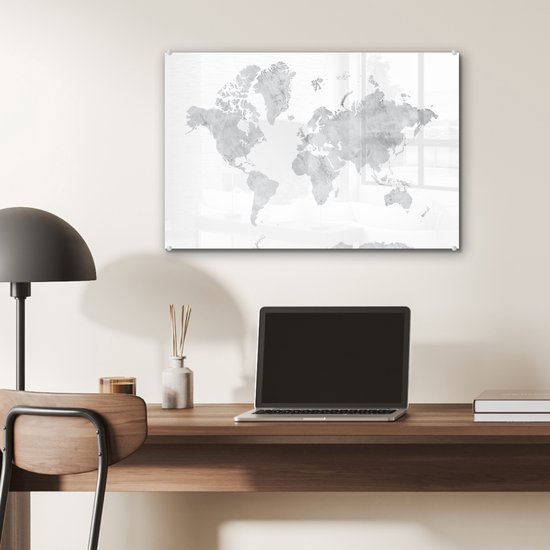Peinture sur Verre - Carte du Wereldkaart - Grijs - Marbre - 60x40 cm - Peintures sur Verre Peintures - Photo sur Glas
