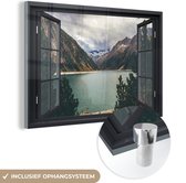 MuchoWow® Glasschilderij 30x20 cm - Schilderij acrylglas - Doorkijk - Berg - Meer - Foto op glas - Schilderijen