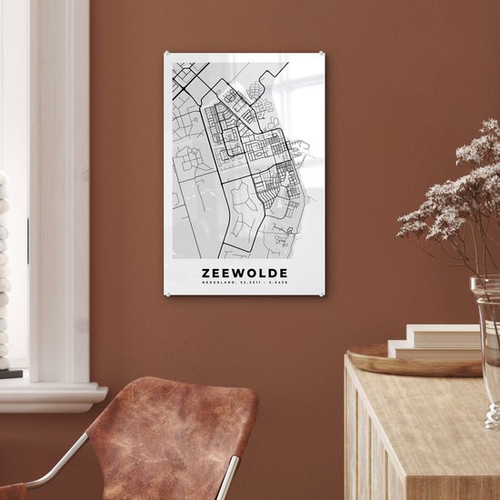 MuchoWow® Glasschilderij 40x60 cm - Schilderij acrylglas - Stadskaart - Zeewolde - Grijs - Wit - Foto op glas - Schilderijen - Plattegrond