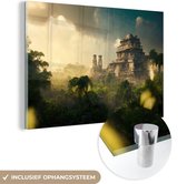 MuchoWow - Glasschilderij - Foto op glas - Jungle - Tempel - Lucht - Wolken - Groen - Schilderij glas - Acrylglas - Kamer decoratie - 30x20 cm - Wanddecoratie - Schilderijen woonkamer