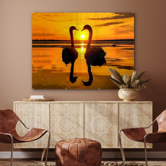 Peinture sur verre - Verre acrylique - Cygne - Coucher de soleil - Water - Vogel - Photo sur verre - 120x90 cm - Peinture sur verre oiseaux - Décoration murale - Peinture sur verre nature - Décoration murale
