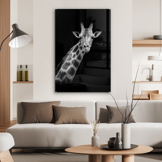 MuchoWow - Peinture sur verre - Girafe - Zwart - Wit - Photo sur verre - Verre acrylique - Décoration murale - 80x120 cm - Salon - Décoration murale animaux - Décoration maison