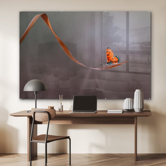 MuchoWow® Peinture sur verre 150x100 cm - Peinture sur verre acrylique - Insecte - Oranje - Feuille - Photo sur verre - Peintures
