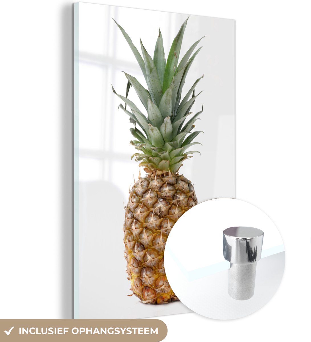 ® Glasschilderij 100x150 cm - Schilderij acrylglas - Ananas - Fruit - Wit - Foto op glas - Muurdecoratie woonkamer - Wanddecoratie slaapkamer - Schilderijen