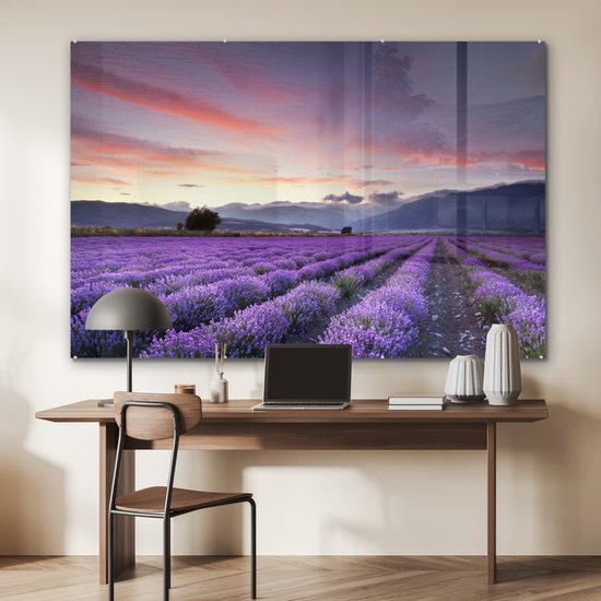 MuchoWow® Peinture sur verre 150x100 cm - Peinture sur verre acrylique - Coucher de soleil sur les lavandes - Photo sur verre - Peintures
