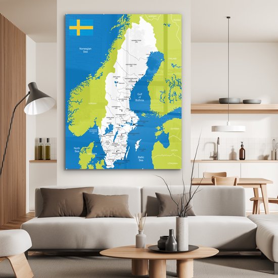 MuchoWow® Peinture sur Verre - Carte Détaillée de la Suède - 120x160 cm - Peintures sur Verre Acrylique - Photo sur Glas