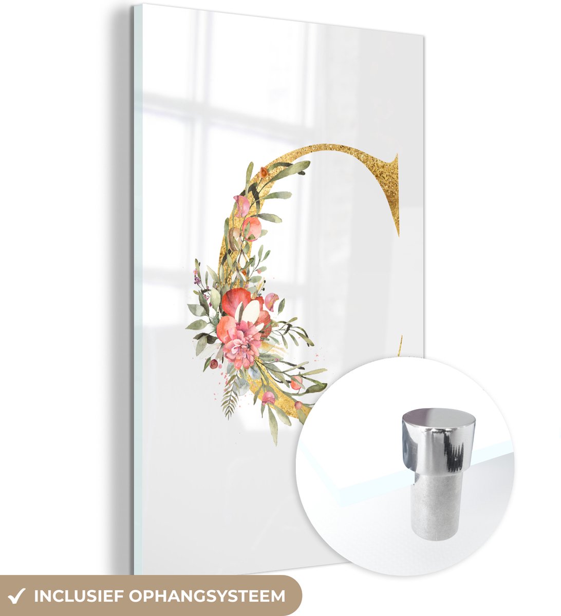 ® Glasschilderij 40x60 cm - Schilderij acrylglas - Letter - Waterverf - Bloemen - Foto op glas - Muurdecoratie woonkamer - Wanddecoratie slaapkamer - Schilderijen