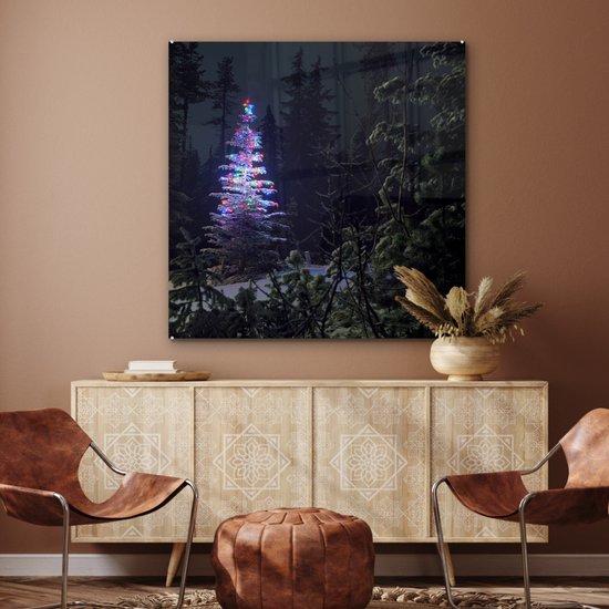 Peinture sur verre - Sapin de Noël illuminé dans une forêt sombre - 90x90 cm - Peintures Plexiglas