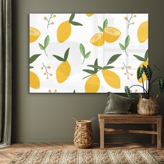 MuchoWow® Peinture sur Verre - Citrons - Motifs - Wit - Abstrait - 150x100 cm - Peintures sur Verre Peintures - Photo sur Glas