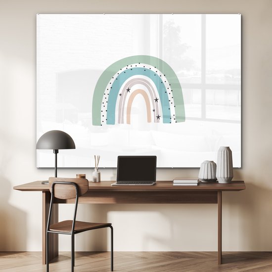 MuchoWow® Peinture sur verre 160x120 cm - Peinture sur verre acrylique - Arc-en-ciel - Enfants - Étoiles - Points - Pastel - Photo sur verre - Peintures