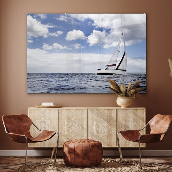 MuchoWow® Peinture sur verre 150x100 cm - Peinture sur verre acrylique - Voilier sous un ciel nuageux - Photo sur verre - Peintures