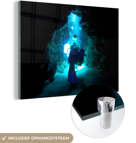 MuchoWow® Peinture sur verre 120x90 cm - Peinture sur verre acrylique - Un plongeur explore les grottes sous-marines du Honduras - Photo sur verre - Peintures