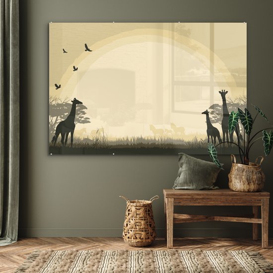 ® Glasschilderij 150x100 cm - Schilderij acrylglas - Een illustratie van een Afrikaanse safari als achtergrond met giraffen - Foto op glas - Muurdecoratie woonkamer - Wanddecoratie slaapkamer - Schilderijen