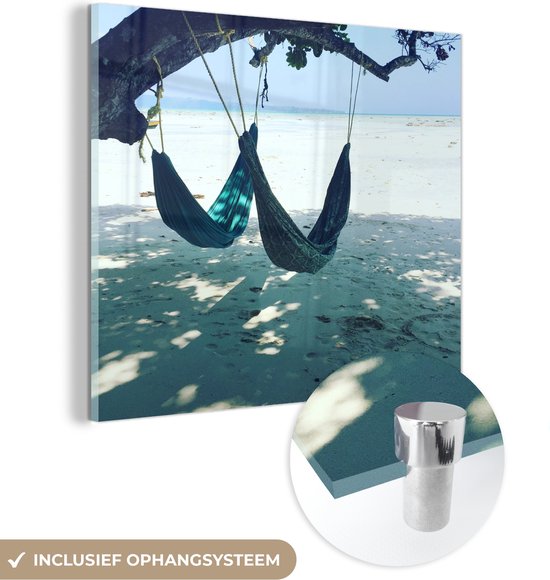 MuchoWow® Glasschilderij 50x50 cm - Schilderij acrylglas - Strand - Zand - Hangmat - Foto op glas - Schilderijen