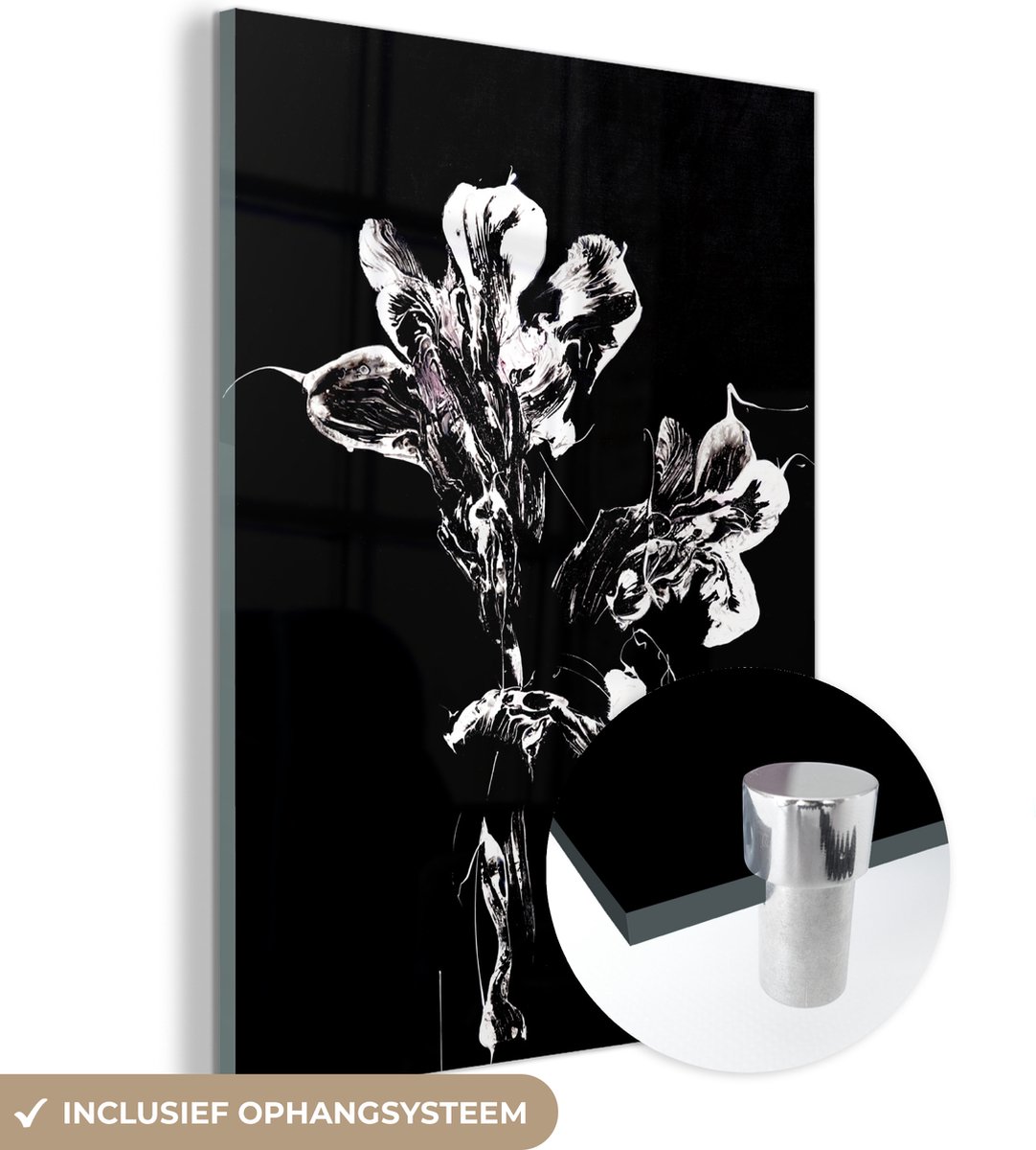 MuchoWow® Glasschilderij 120x160 cm - Schilderij acrylglas - Bloemen - Verf - Schilderen - Zwart - Wit - Foto op glas - Schilderijen