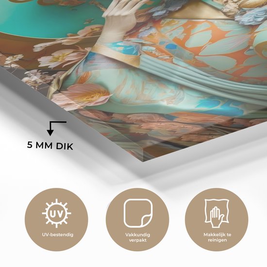 ® Glasschilderij 80x120 cm - Schilderij acrylglas - Vrouw - Kimono - Bloemen - Goud - Portret - Foto op glas - Muurdecoratie woonkamer - Wanddecoratie slaapkamer - Schilderijen