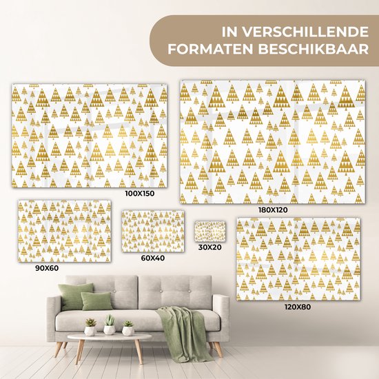 MuchoWow® Glasschilderij 60x40 cm - Schilderij acrylglas - Kerst - Kerstbomen - Goud - Patronen - Foto op glas - Schilderijen