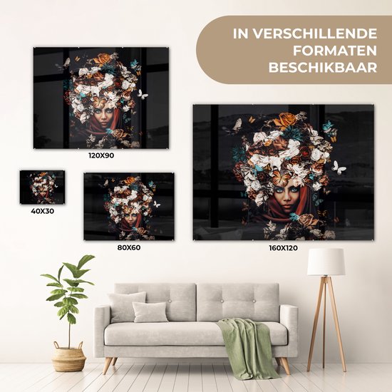 MuchoWow® Peinture sur Verre - Fleurs - Papillon - Femmes - Foulard - 40x30 cm - Peintures sur Verre Acrylique - Photo sur Glas