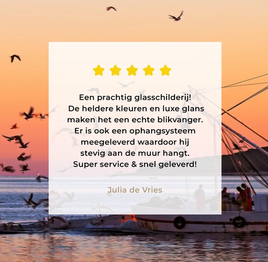 MuchoWow® Peinture sur verre 90x60 cm - Peinture acrylique sur verre - Bateau de pêche au coucher du soleil - Photo sur verre - Peintures