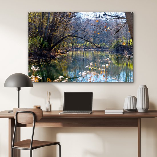 Acrylglas schilderij van een rivier in een herfstbos. Zonnestralen breken door de bomen. Duidelijke reflecties in het water.