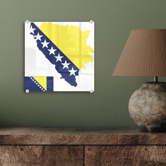 MuchoWow® Peinture sur verre 20x20 cm - Peinture sur verre acrylique - Une illustration de la Bosnie-Herzégovine dans la couleur du drapeau - Photo sur verre - Peintures