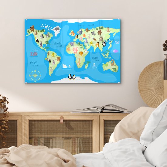 MuchoWow® Peinture sur verre 60x40 cm - Peinture sur verre acrylique - Wereldkaart - Enfant - Animaux - Blauw - Garçons - Filles - Photo sur verre - Peintures