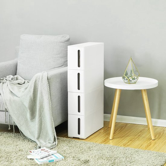 Armoire de rangement étroite avec 2 paniers et 2 compartiments ouverts - Plastique - Blanc