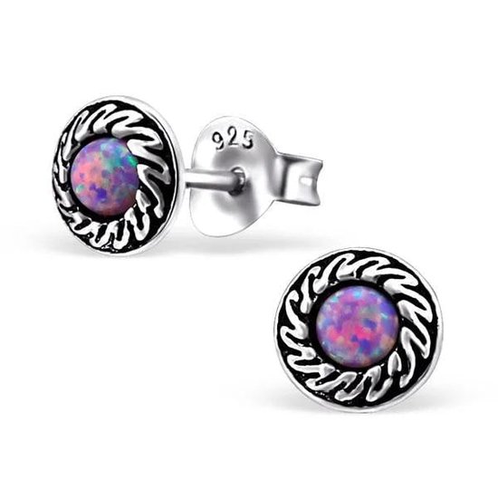 Zilveren Opaal Oorbellen - Aramat Jewels® Bali Serie - Oorbellen - Antiek Zilver - Paarse Opaal - Trendy Rond Design - Perfect Geschenk
