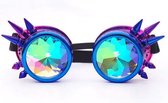 KIMU Goggles Steampunk Bril Met Spikes - Blauw Paars Rood Montuur - Caleidoscoop Glazen - Olie Spacebril Space Caleidoscope - Natural High - Cannabis Festival