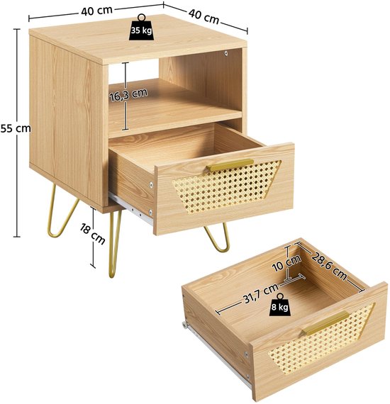 Set de 2 tables de chevet, design en rotin, table d'appoint avec 1 tiroir et 1 compartiment de rangement ouvert, table de chevet, pieds en métal, table de chevet, table de canapé pour chambre/salon, marron clair