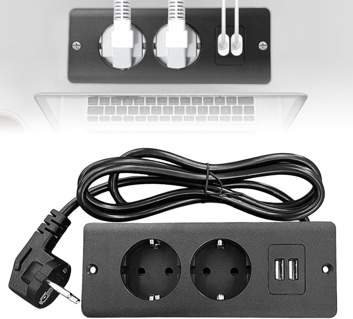 GTV – Inbouwstopcontact MULTISOFT wit met 2 x Schuko, USB A C, RJ45, HDMI 2.0, afdekking, inschuifbaar, 1,5 m kabel, voor bureau, vergadertafel, keuken of thuiskantoor
