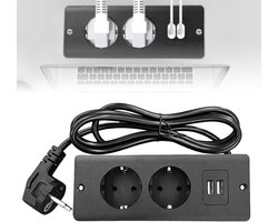 Verzonken stopcontact 2-voudig inbouwstopcontact met USB en 1.5m kabel - Zwart voor tafelblad werkblad vergadertafel