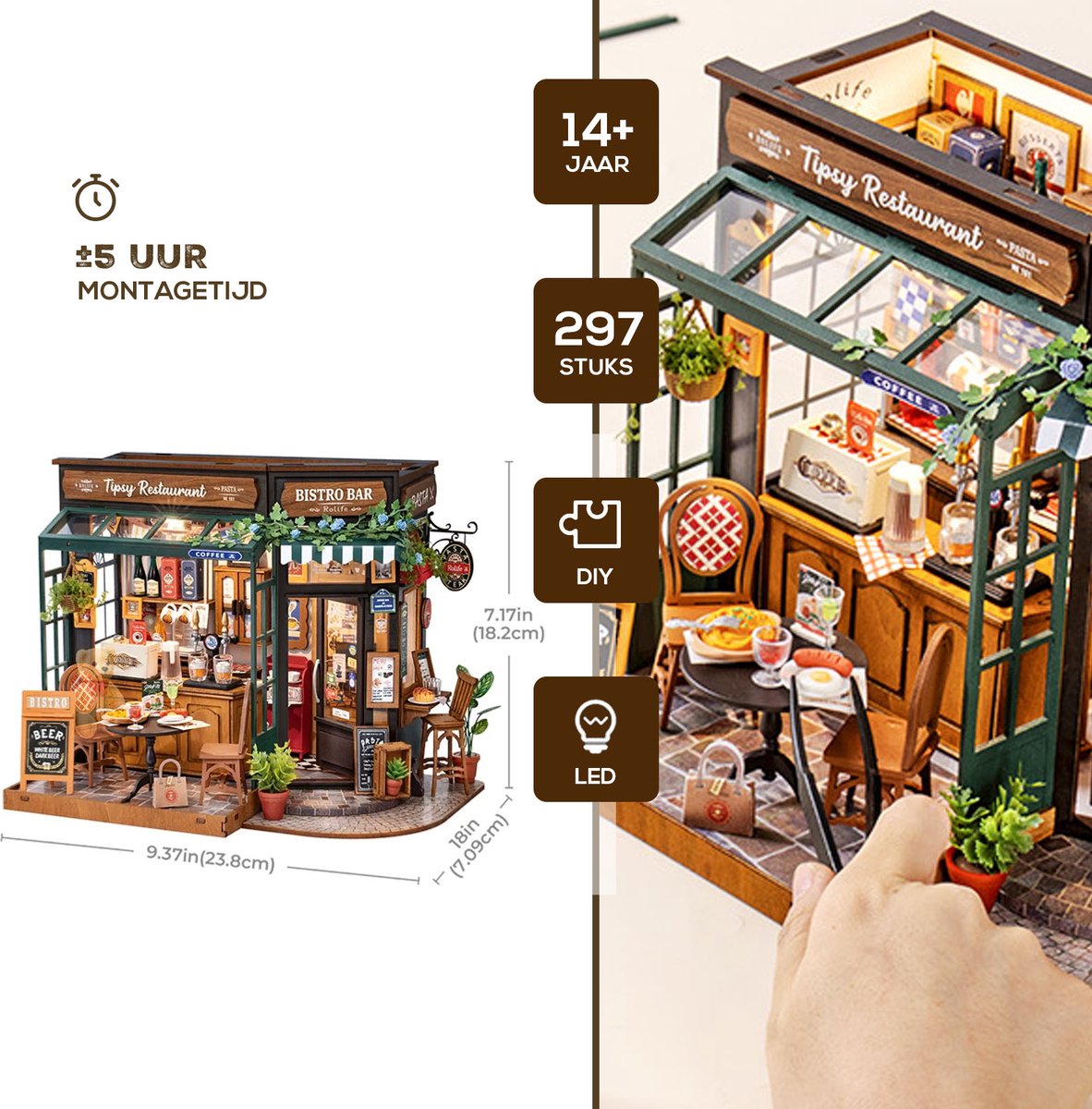 Robotime Rolife Tipsy Restaurant - DG167 - Rolife - DIY Miniatuur - Knutselen - Miniatuurhuisje — afbeelding 7