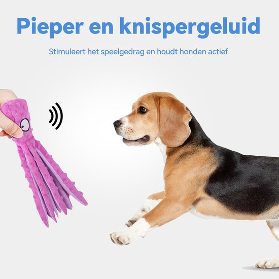 Hand houdt roze octopusknuffel vast, beagle kijkt ernaar, geluidssymbolen tonen pieper.