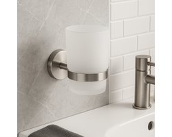 WoonWonder Bekerhouder - Bekerhouder RVS geborsteld - incl. Glazen Beker - Bekerhouder badkamer