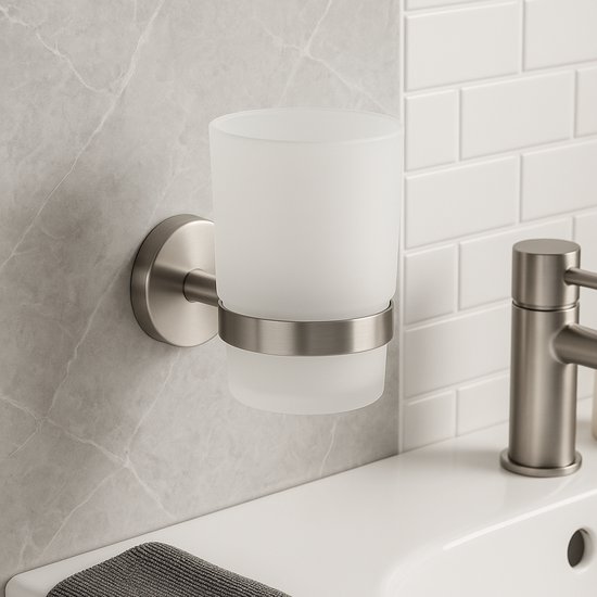 Porte-gobelet WoonWonder - Porte-gobelet en acier inoxydable brossé - avec gobelet en Verres - Porte-gobelet de salle de bain