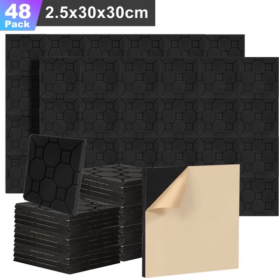 48 stuks Akoestische panelen 30x30x2.5cm Acoustic Foam Panels, Wandpaneel, Zelfklevend, voor wanddecoratie Zwart Vierkant